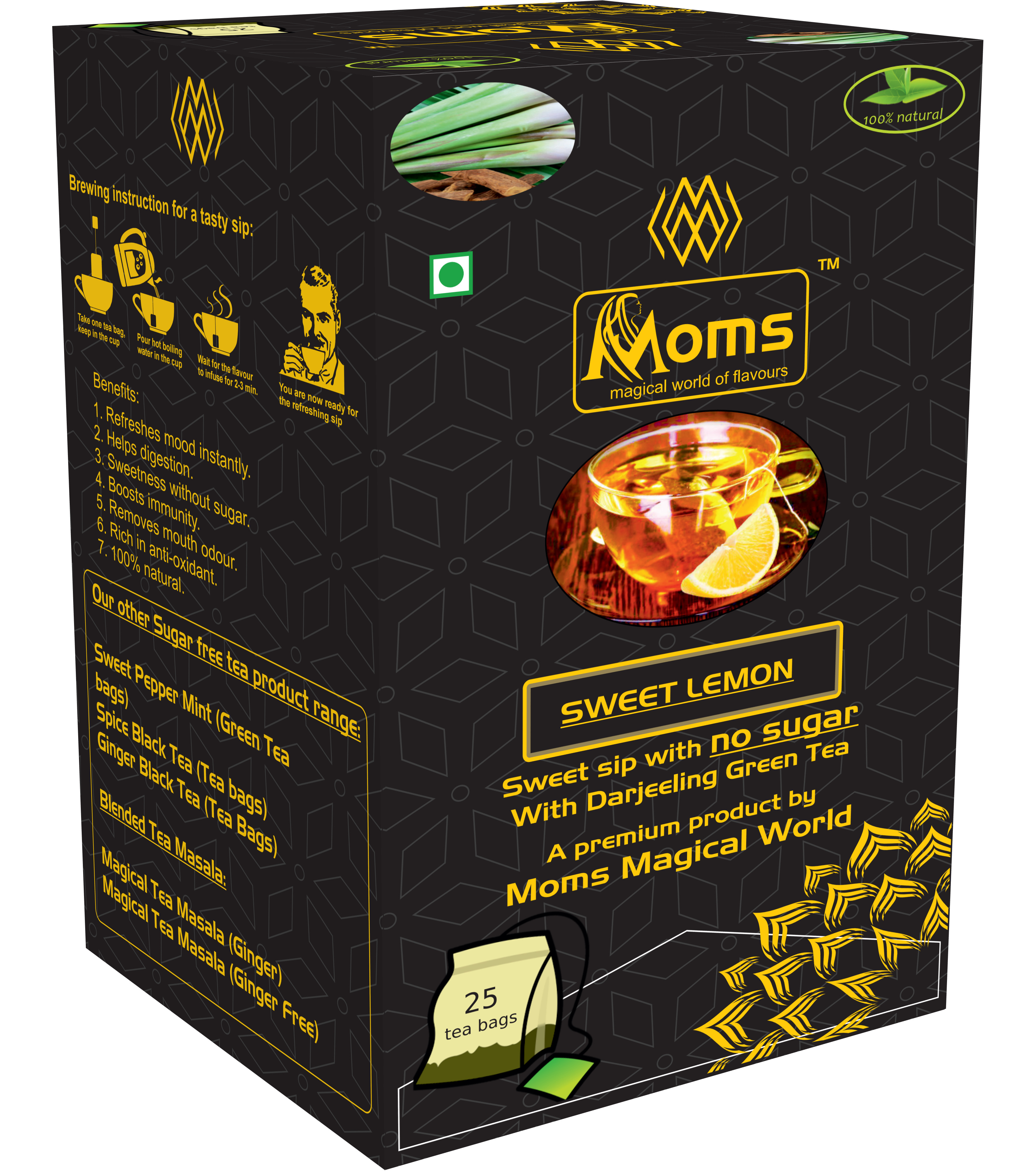 Moms Magical Sugar Free Dip Tea bags (Green Tea) (Sweet Lemon)